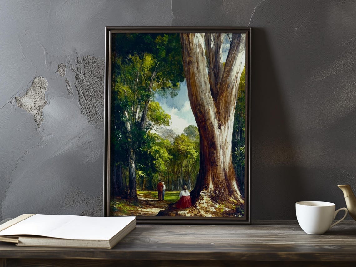 Woman In Red Skirt Resting Alone At A Giant Tree Base Poster