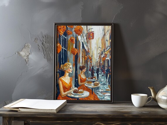Manet Inspired Women in Orange Dresses at a Rose Cafe Poster