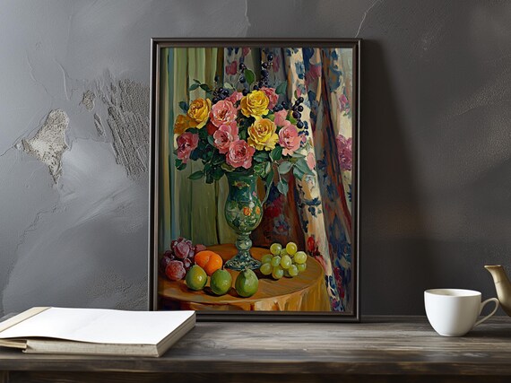 Pink And Yellow Roses In Green Urn With Grapes Still Life Art Poster