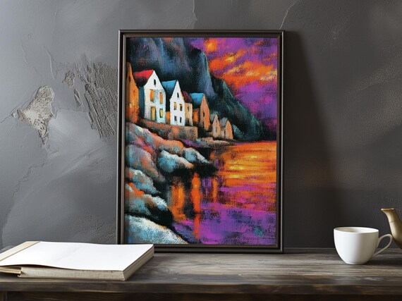 Colorful Cliffside Fishing Village Under An Orange Sunset Poster