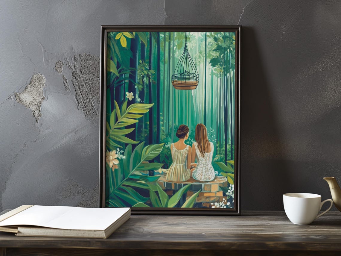 Two Women in a Lush Bamboo Forest with Hanging Chair Art Poster