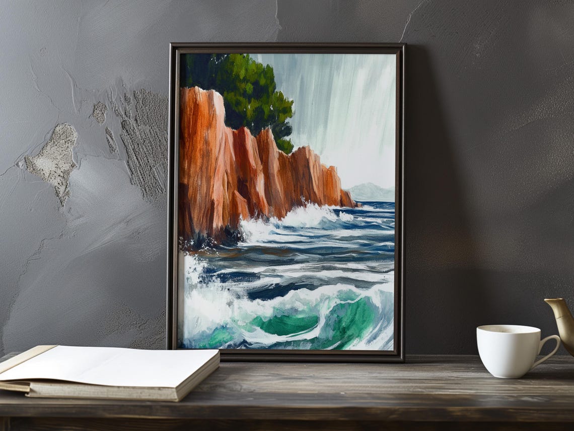 Turquoise Waves Against Red Sandstone Cliffs Impressionist Poster