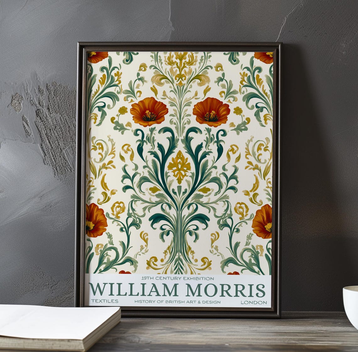 William Morris Orange Poppy Blooms Cream Damask Floral Textile Poster