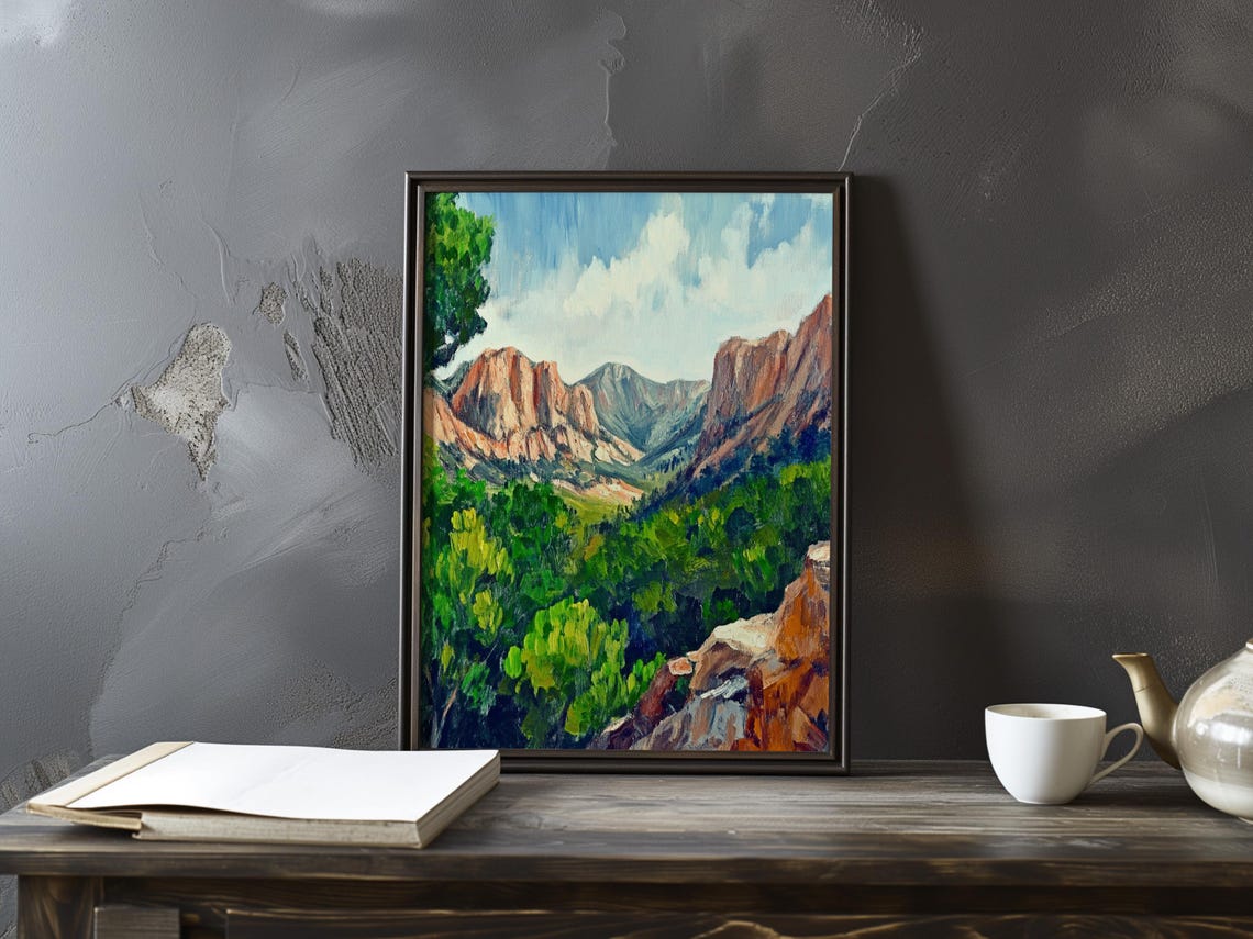 Cezanne-Inspired Red Rock Canyon Valley with Green Forest Poster