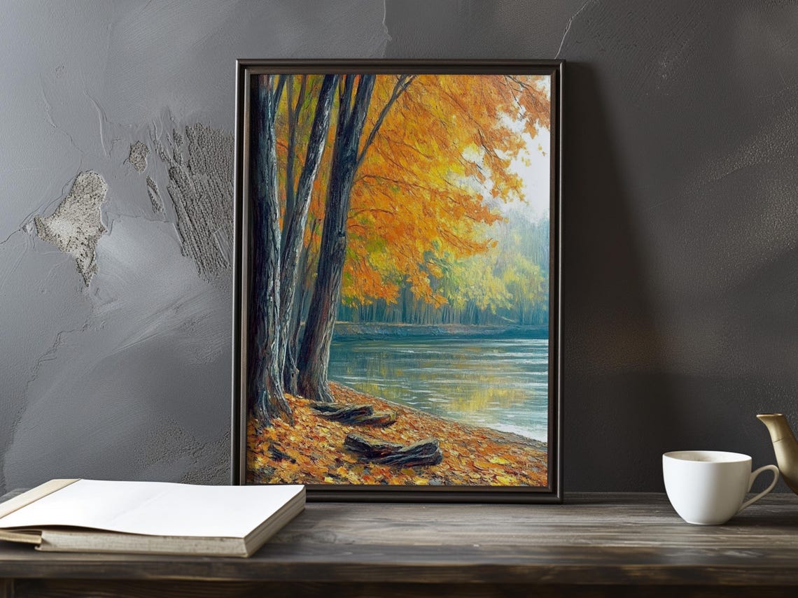 Tall Orange Autumn Trees Beside a Quiet River Painting Poster