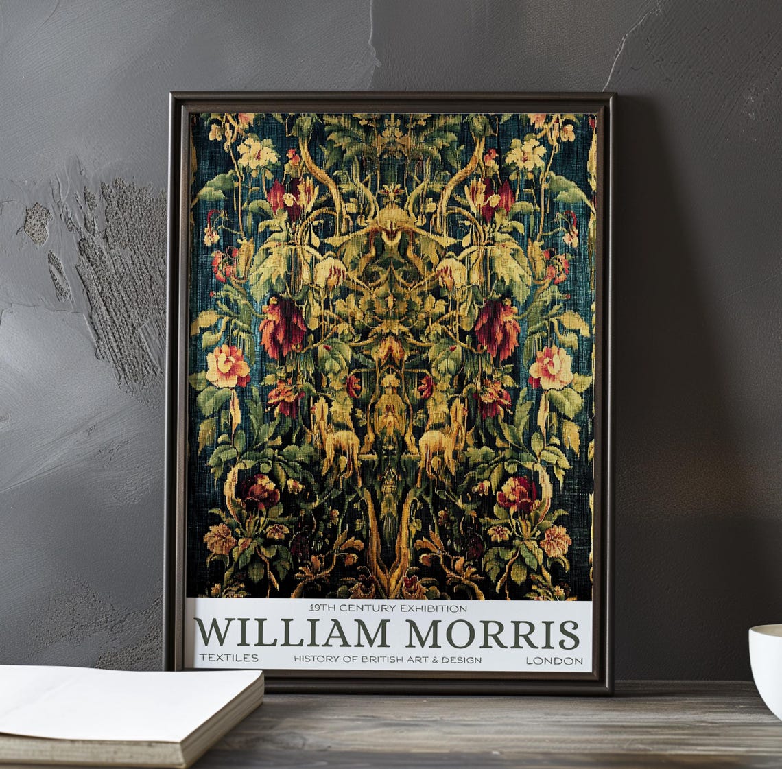 William Morris Golden Acanthus Red Blossom Dark Tapestry Poster