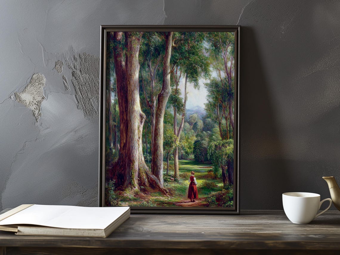 Solitary Woman In A Red Dress On A Quiet Forest Trail Poster
