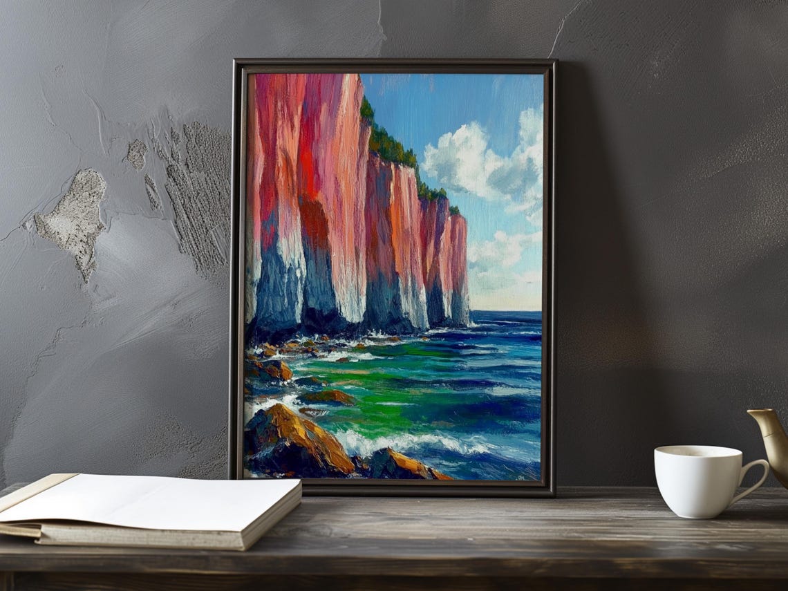 Red Sea Cliffs Over Green Waves and Rocky Shore Impressionist Poster