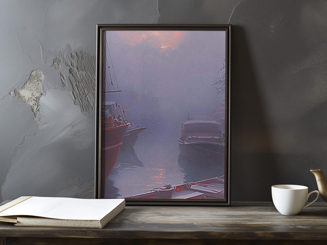 Dark Boats Drifting in a Violet Foggy Harbour at Dusk Scene Poster