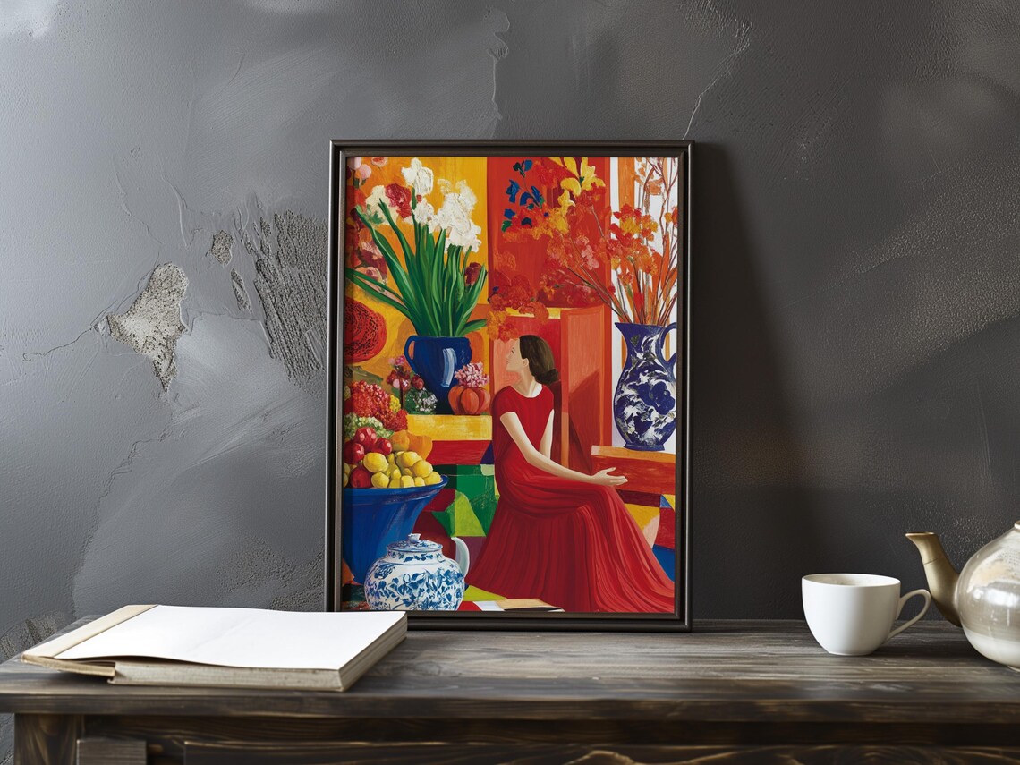 Woman in Red Dress Among Fruit Bowls and Vases Fauvist Art Poster