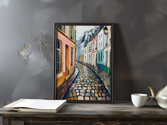 Pastel Colored Montmartre Style Alley With Cobblestone Lane Art Poster