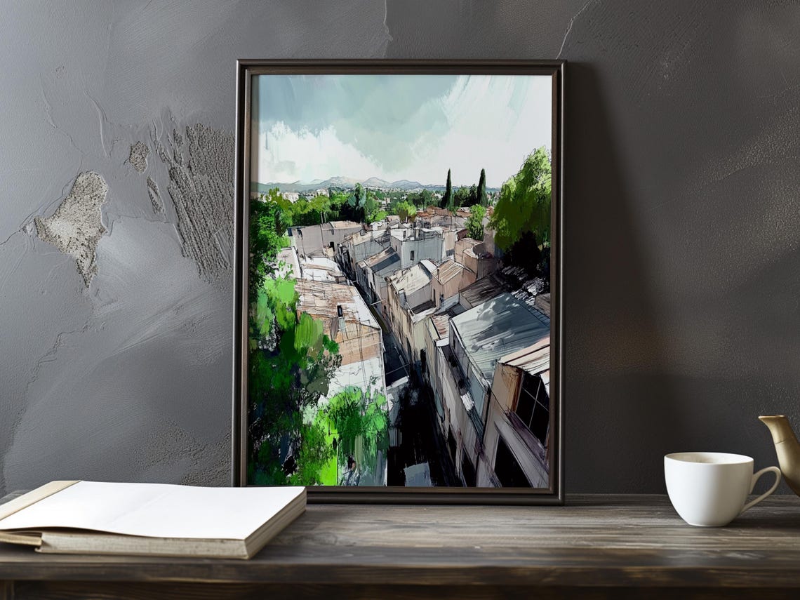 Old Town Rooftops View in Soft Watercolor Tones Fine Art Poster