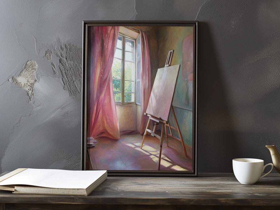 Empty Easel by Pink Curtained Window Artist Studio Interior Poster