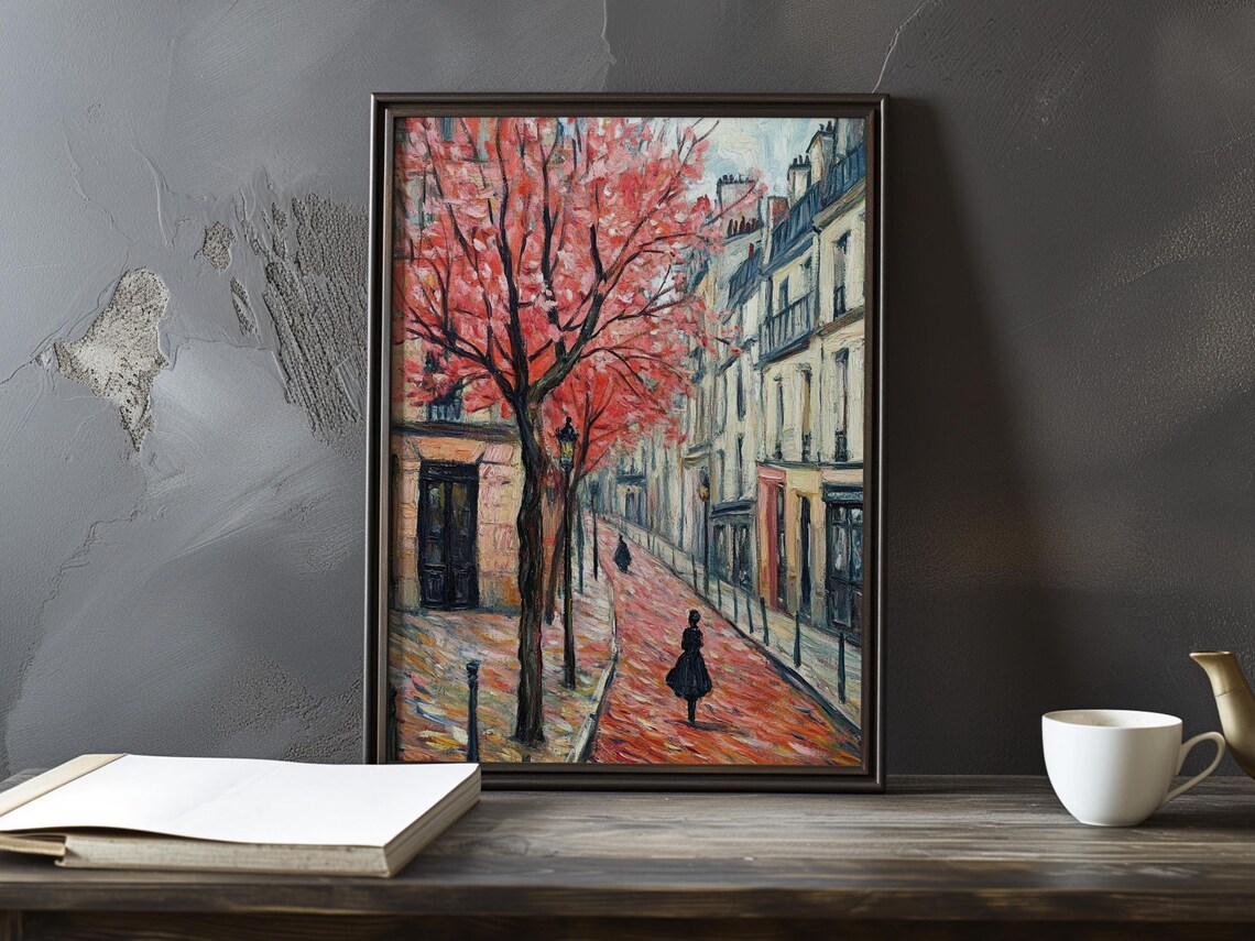 Woman in Dark Dress on a Scarlet Street Under Blossom Trees Poster
