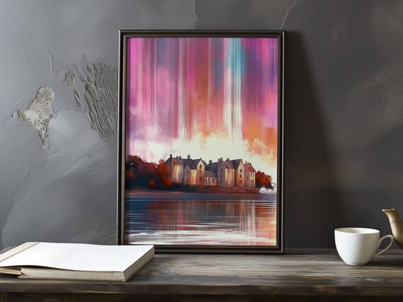 Waterfront Village At Dusk Under A Pink And Violet Sky Poster