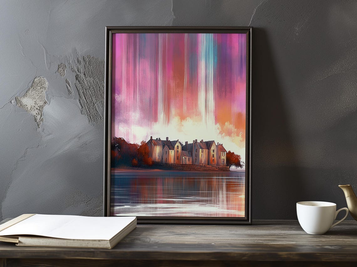Waterfront Village At Dusk Under A Pink And Violet Sky Poster