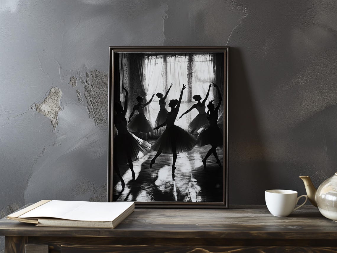 Monochrome Ballet Dancers Silhouette Window Light Dramatic Poster