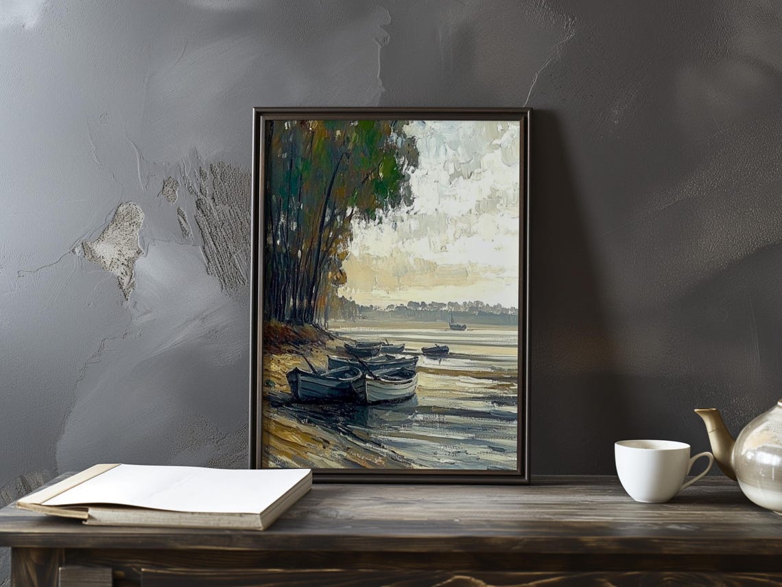 Rowboats Resting on the Shore at Sunset Beneath Tall Trees Art Poster