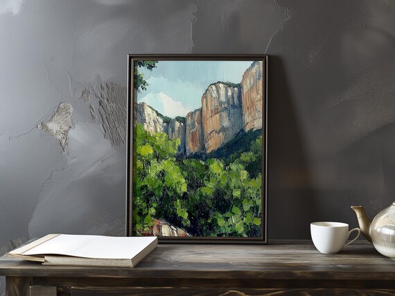 Cezanne-Inspired Limestone Cliff Wall Over Dense Forest Poster