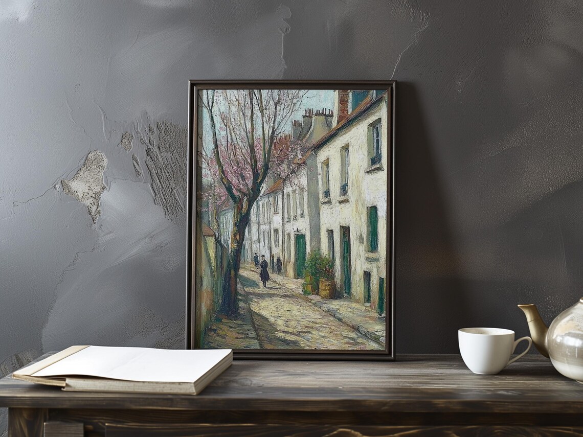 Village Street With Whitewashed Houses and a Blossom Tree Poster