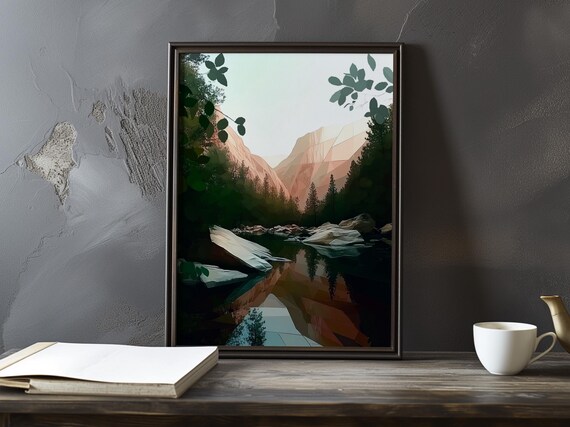 Stylized Mountain Lake at Dusk with Pink Peaks Reflection Poster