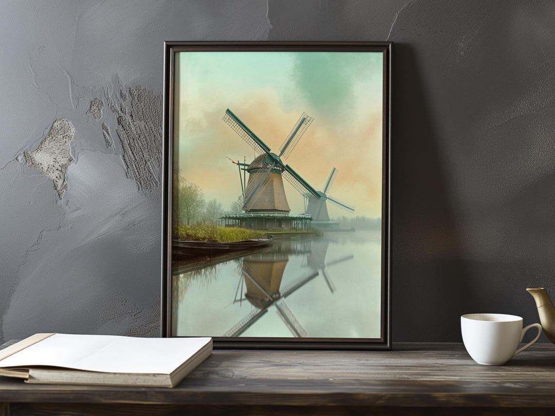 Twin Windmills Mirrored in Still Water at Dawn in a Landscape Poster