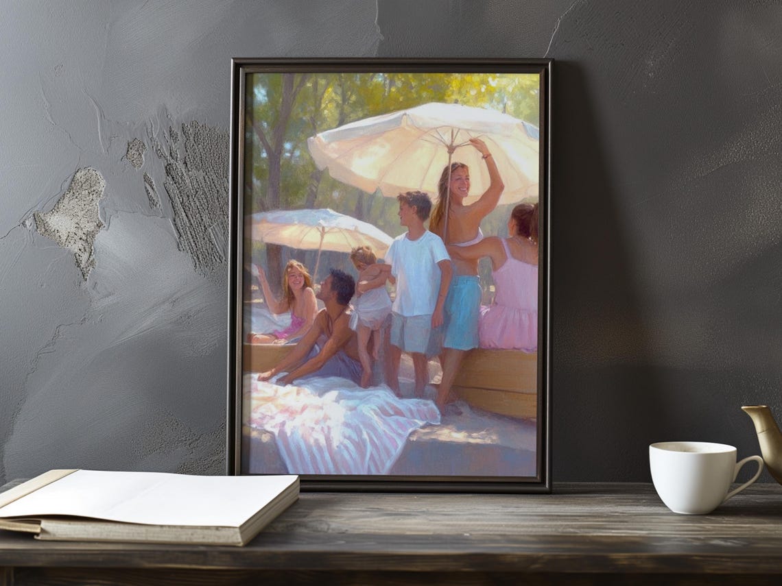 Family Beach Day Under Parasols In Warm Impressionist Style Poster