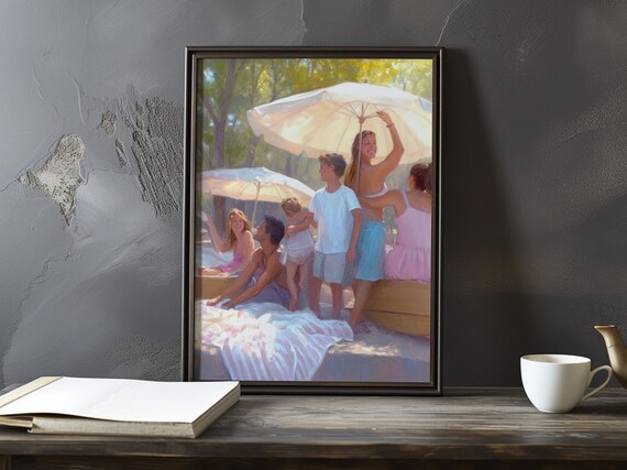 Family Beach Day Under Parasols In Warm Impressionist Style Poster