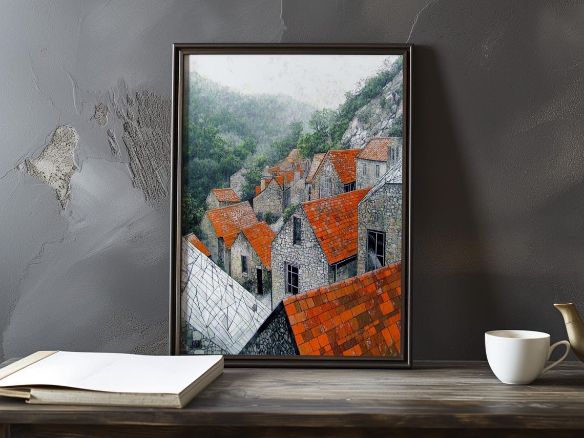 Stone Houses With Vivid Orange Rooftops In A Green Valley Poster