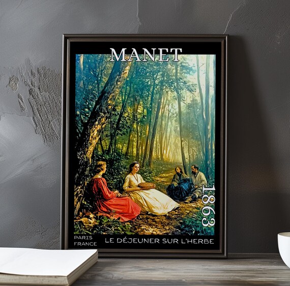 Four Friends Dining in a Forest Clearing Manet-Style Picnic Poster