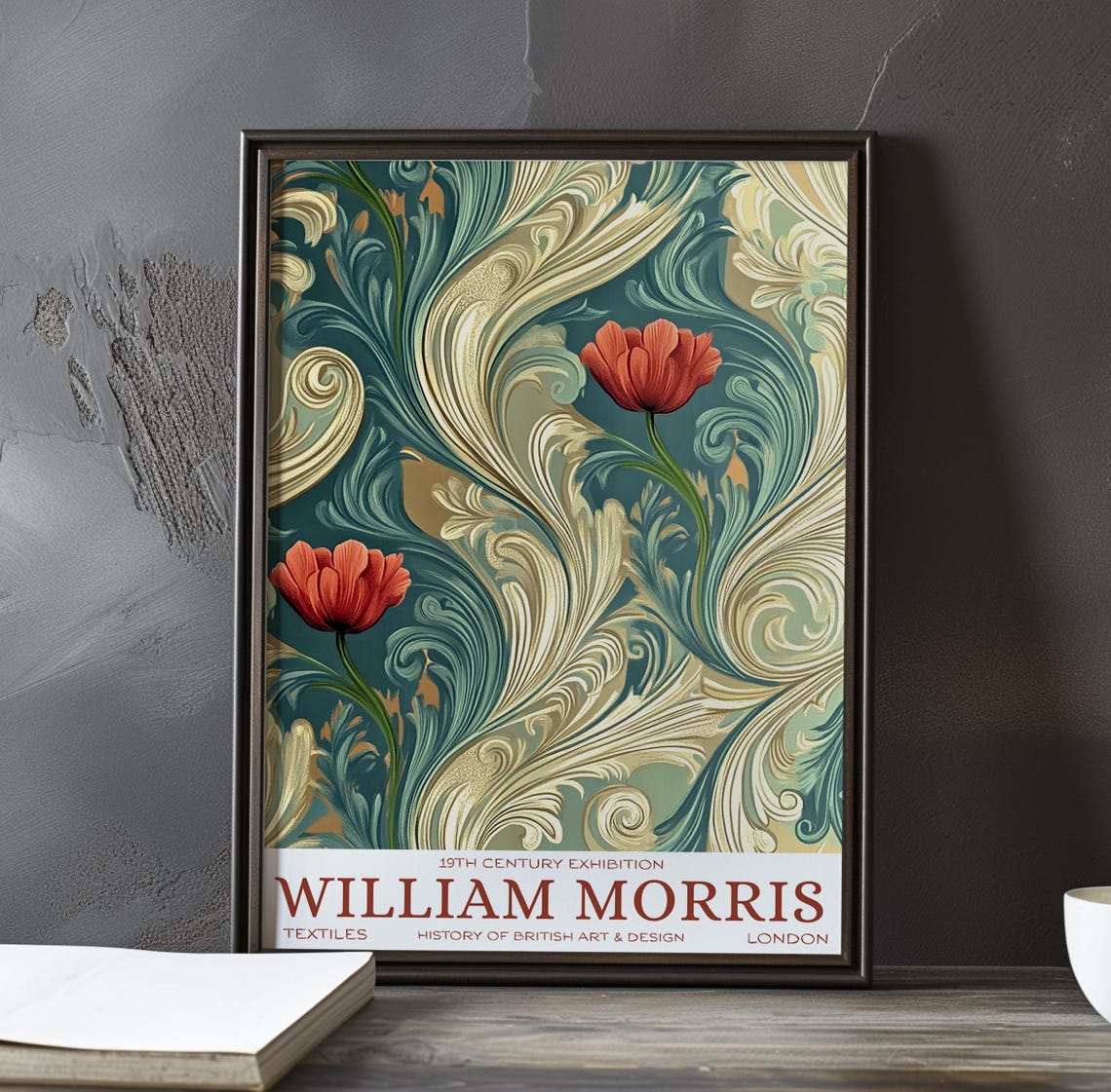 William Morris Swirl Waves Red Poppy Blooms Teal Textile Poster