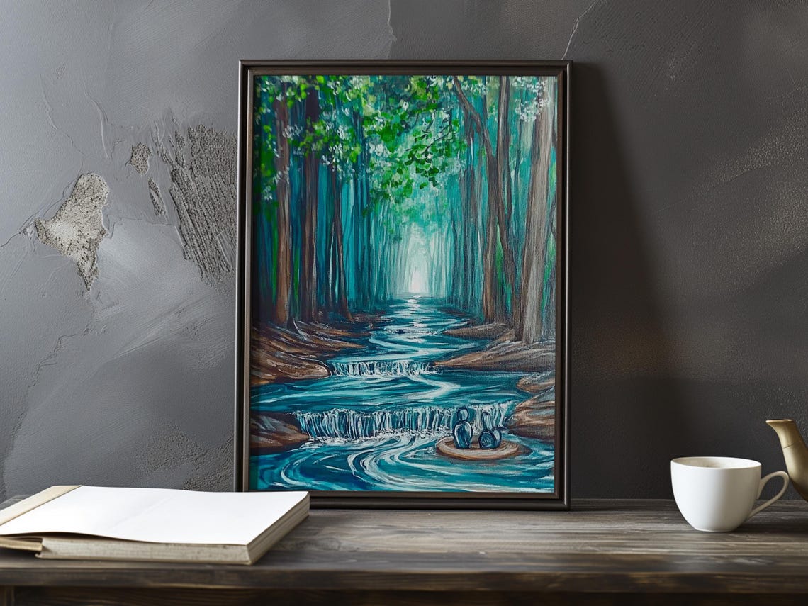 Teal Forest Stream Waterfall with Swans Magical Nature Poster