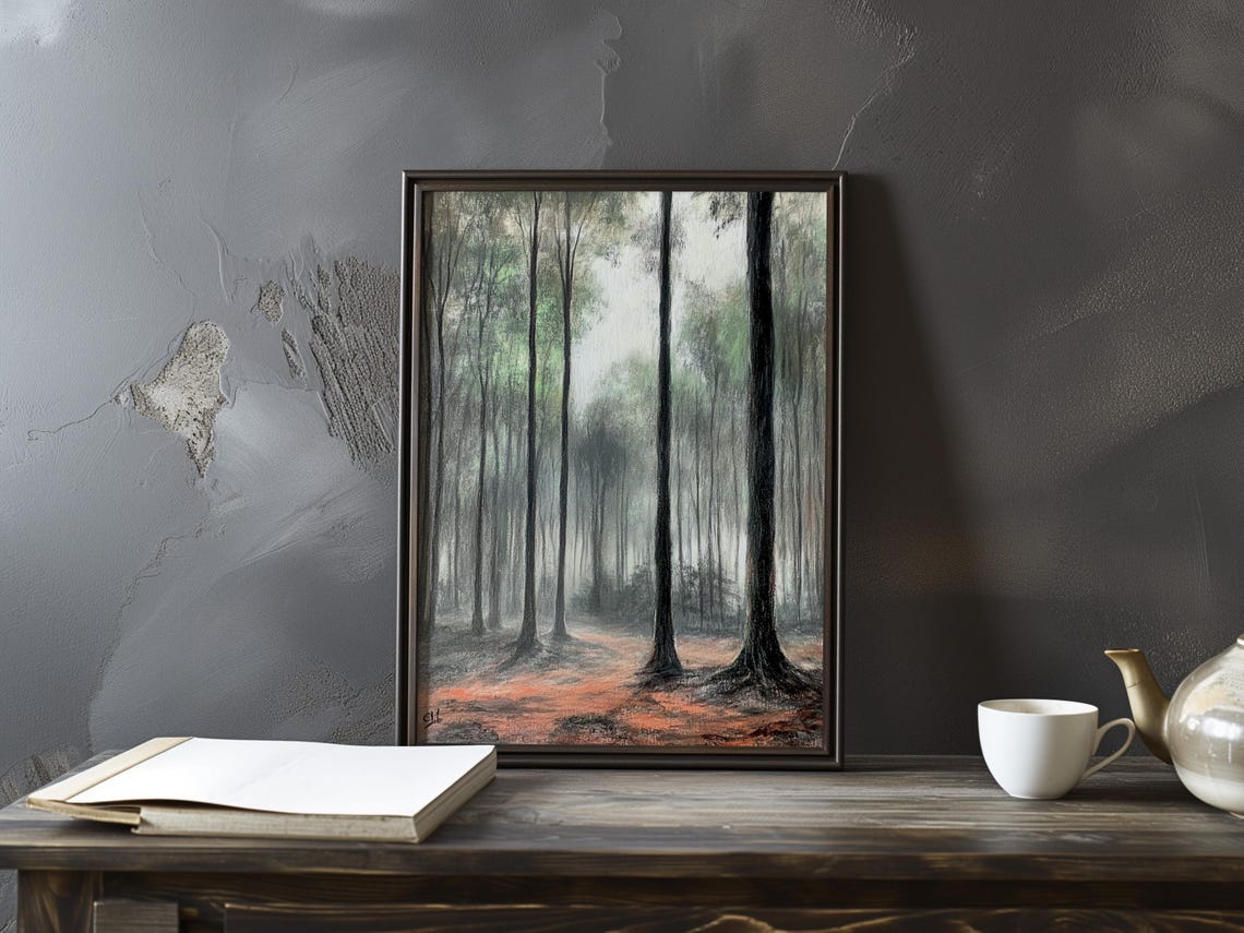 Misty Forest with Towering Dark Trees and Rusty Red Floor Poster