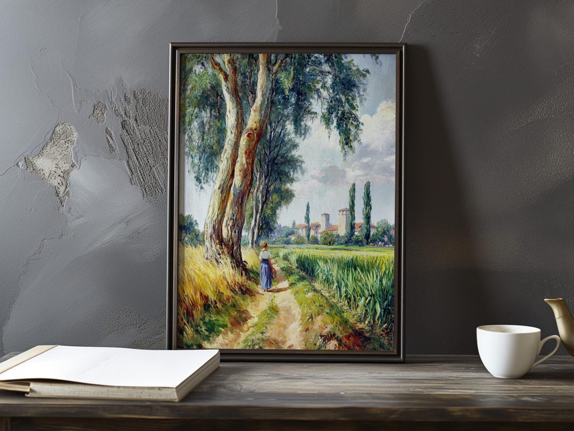Woman Walking a Wheat Field Path Toward a Village Farmhouse Poster