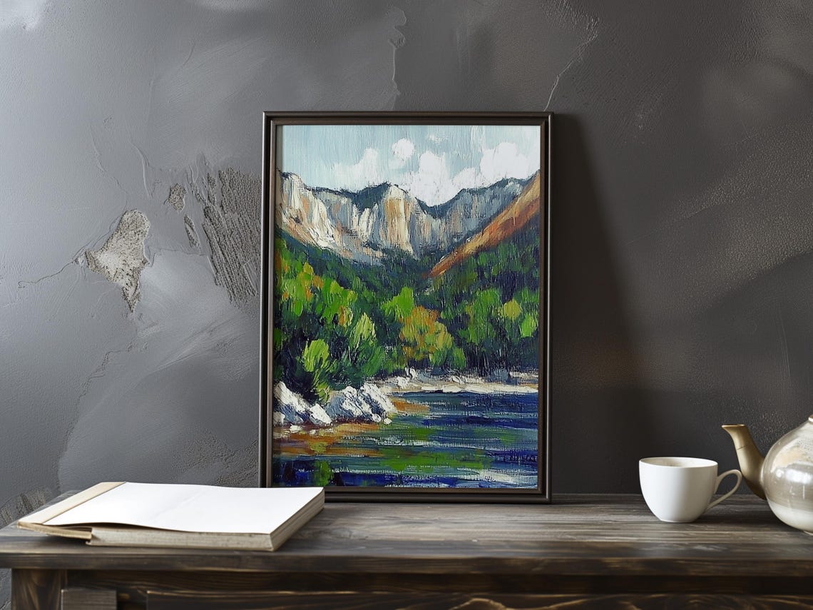 Cezanne-Inspired Blue Lake with Pale Cliffs and Forest Poster