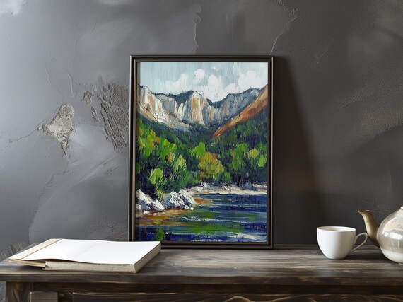Cezanne-Inspired Blue Lake with Pale Cliffs and Forest Poster