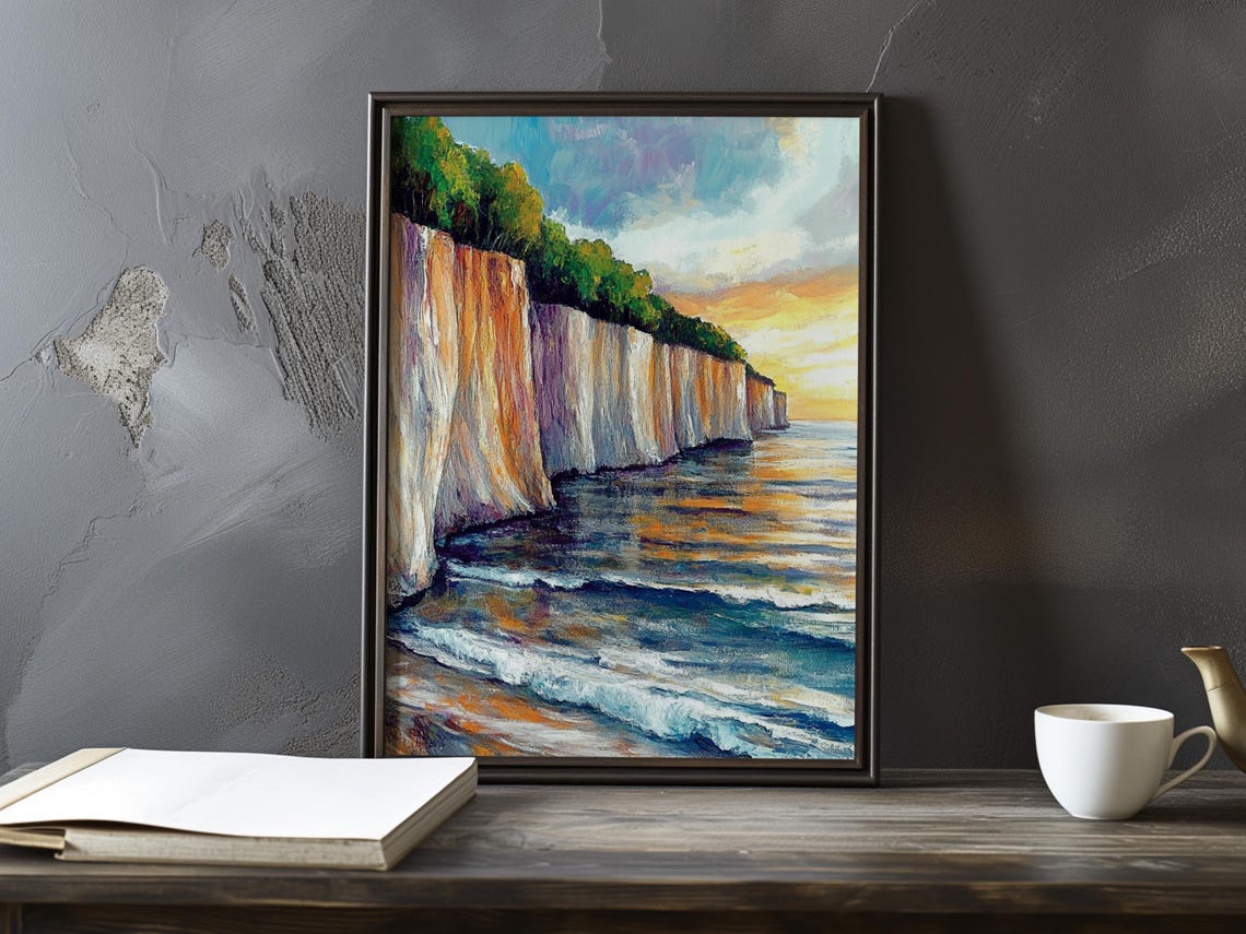 Chalk Cliffs at Golden Sunset Topped with Forest Impressionist Poster
