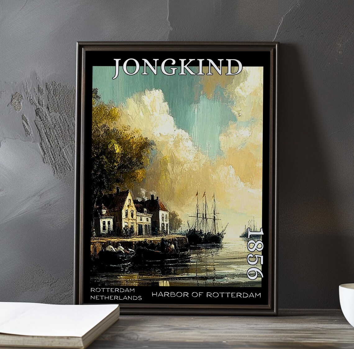 Jongkind Harbor of Rotterdam White Cottages and Rowboats Poster