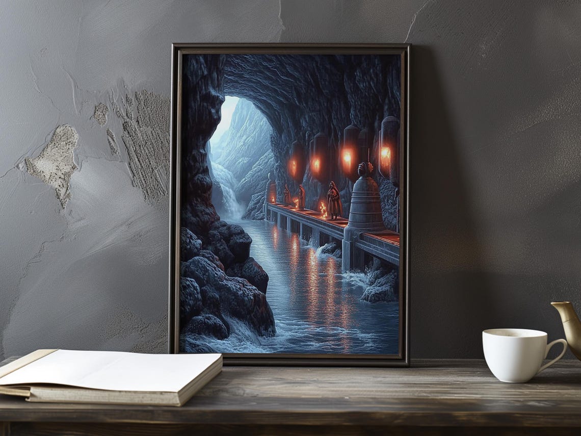 Mysterious Lantern-Lit Cavern Grotto With Glowing Waters Poster