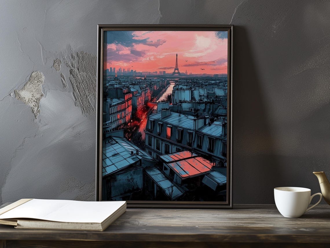 Pink Sunrise Over Paris Rooftops With the Eiffel Tower Poster