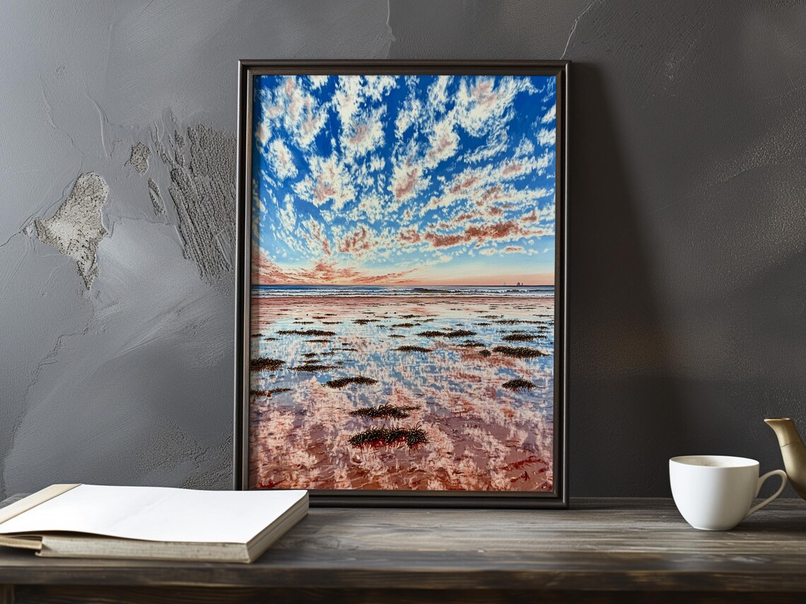 Blushing Sunset Clouds Mirrored On A Low Tide Beach Impressionist Poster