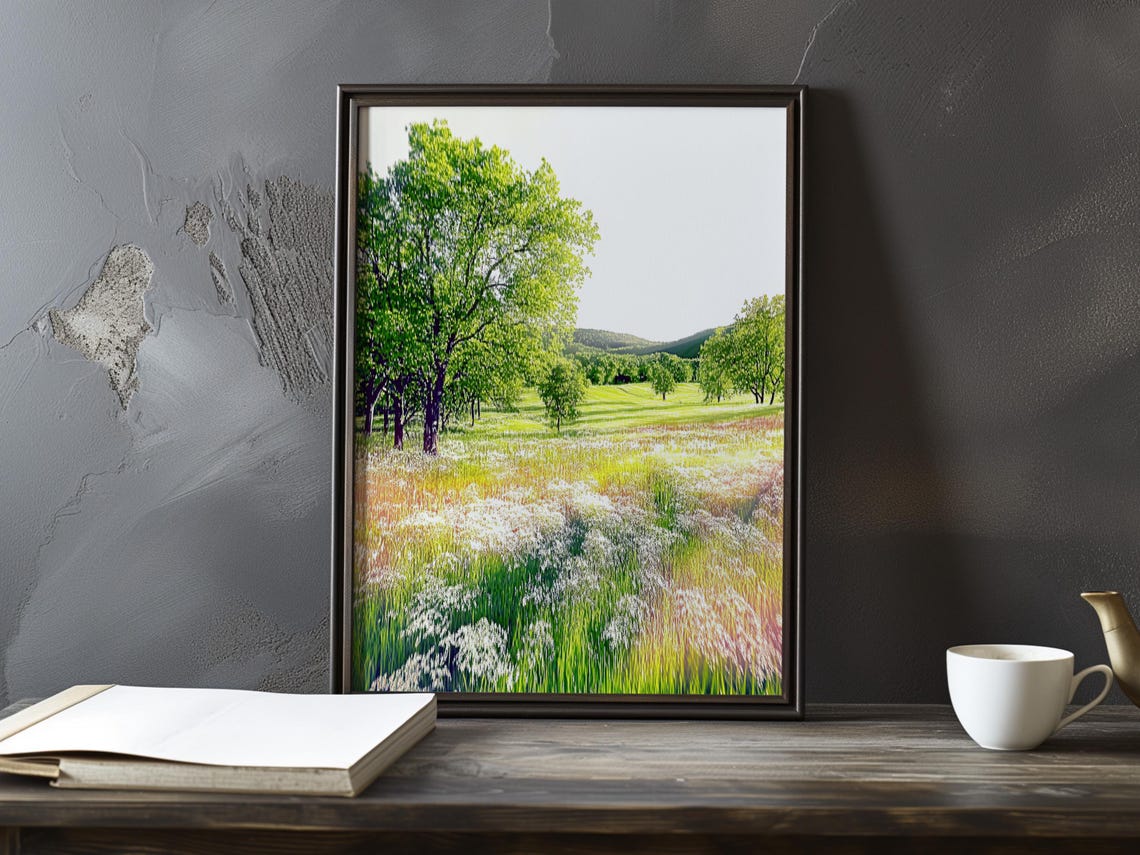 Sunlit Wildflower Meadow With Leafy Trees and Rolling Hills Poster