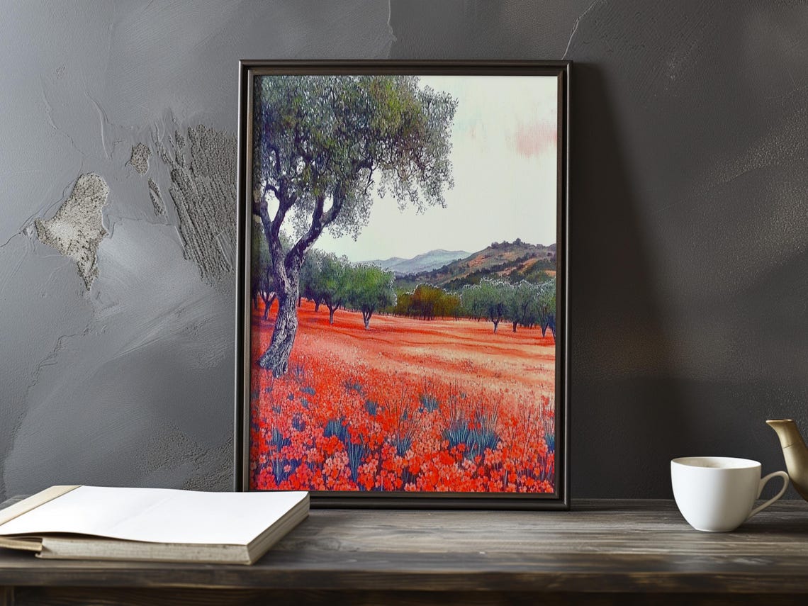 Vibrant Red Poppy Field Stretching Past Gnarled Old Trees Poster