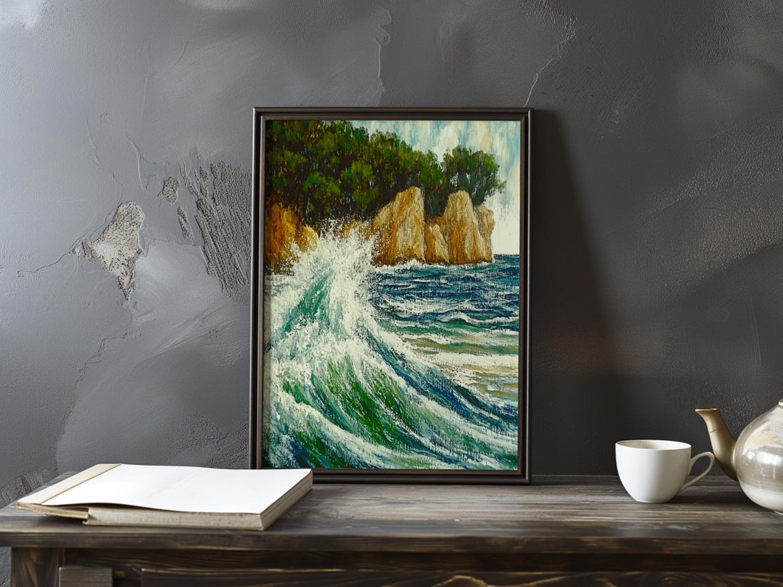 Curling Green Wave Rolling Beneath Golden Seaside Cliffs Poster