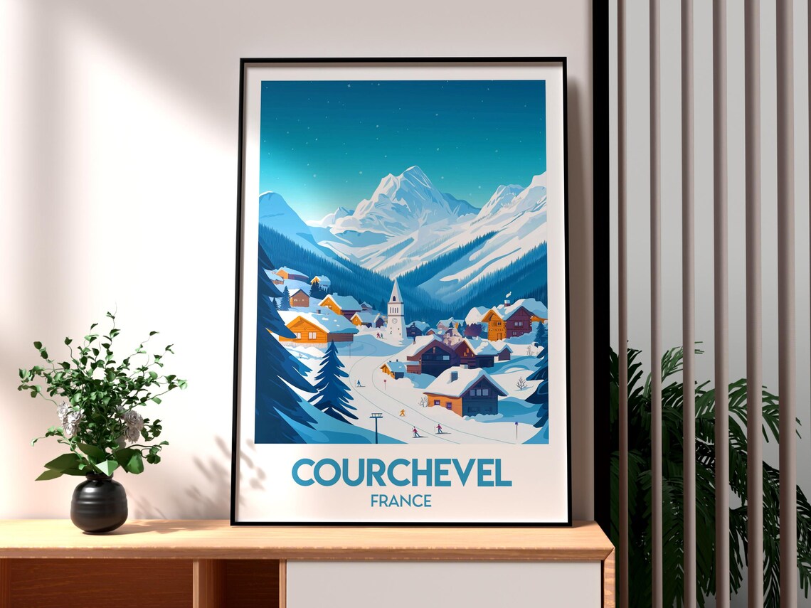 Courchevel France Snowy Village Night Ski Resort Travel Poster