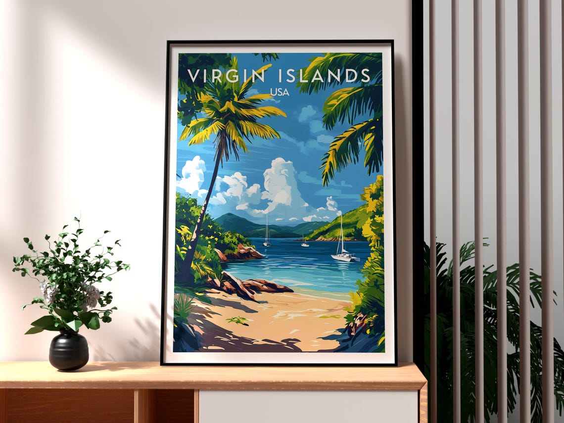 Virgin Islands USA Tropical Beach Cove Sailboats Caribbean Poster