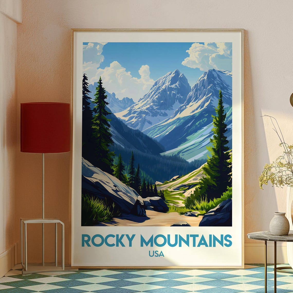 Rocky Mountains USA Snowy Peaks Pine Forest Trail Travel Poster - Image 2