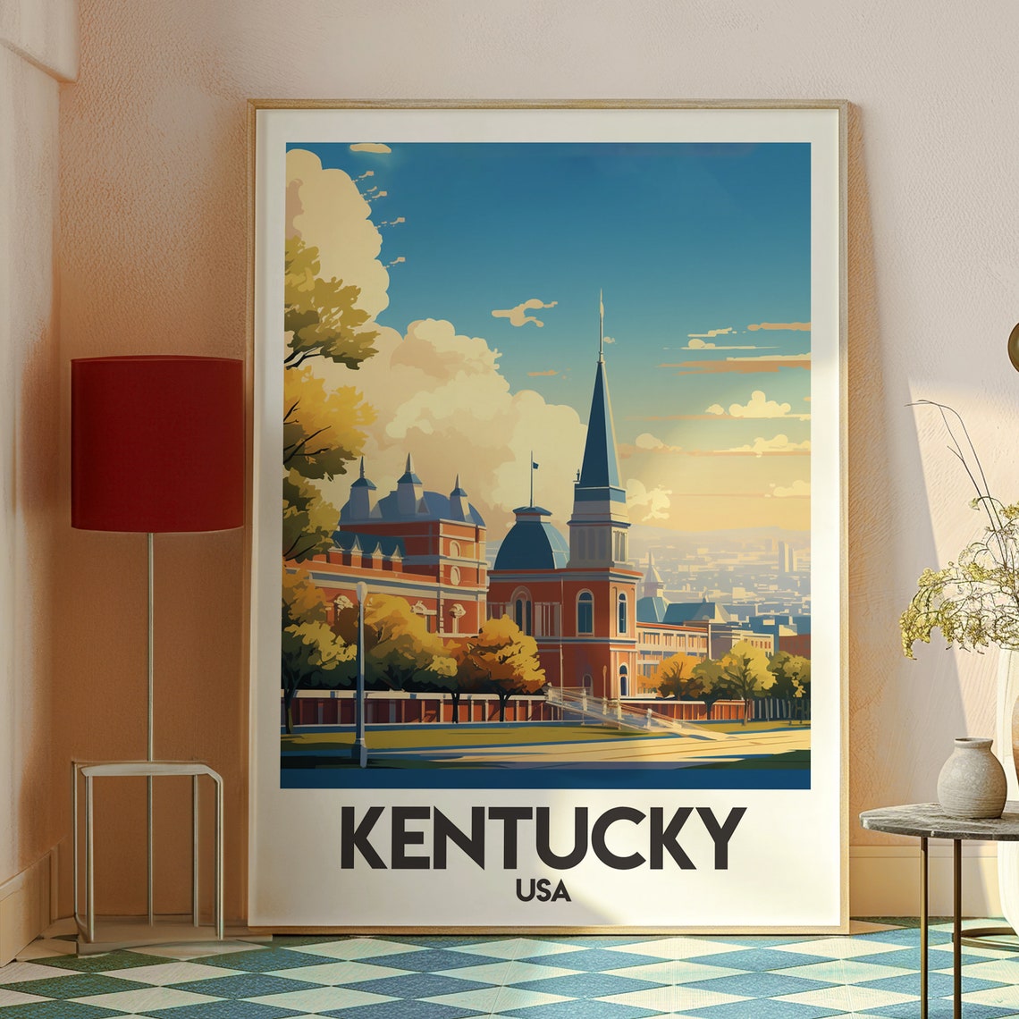 Kentucky USA Historic Red Brick Church Spire Town Skyline Poster - Image 2