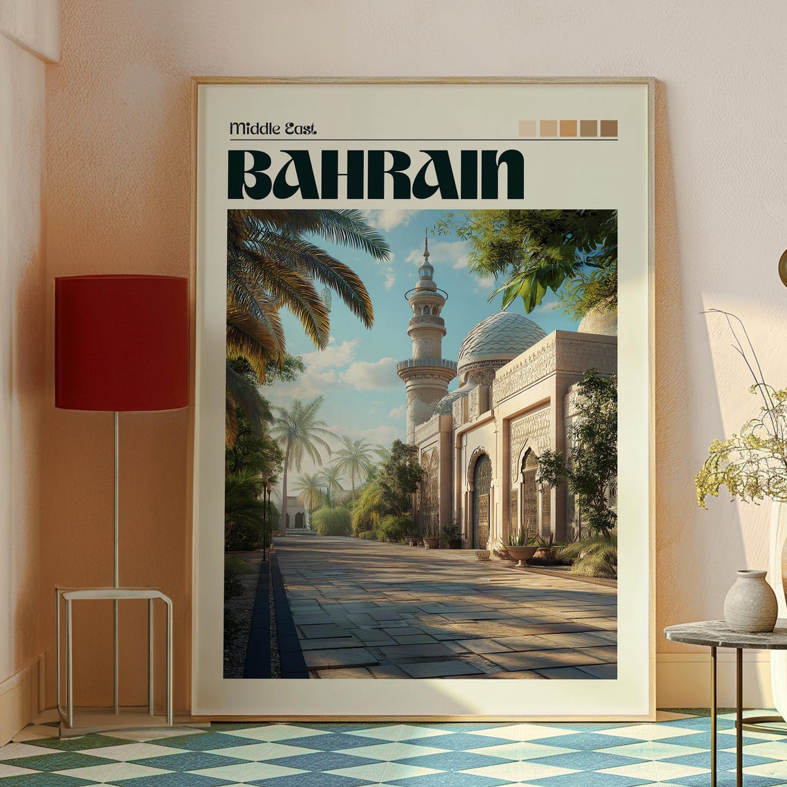 Bahrain Middle East Mosque Palm Courtyard Vintage Travel Poster - Image 2