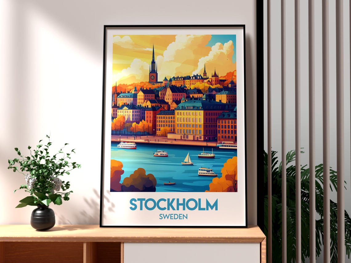 Stockholm Sweden Sunset Waterfront Old Town Harbor Travel Poster